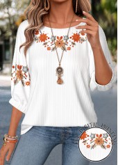 White Floral Print Tummy Coverage 3/4 Sleeve Blouse