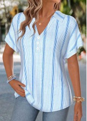 Blue Striped Curved Hem Short Sleeve Blouse | thumb picture 