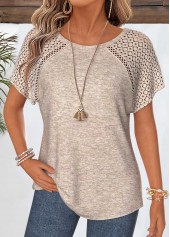 Light Camel Patchwork Short Sleeve Round Neck T Shirt