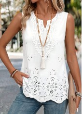 White Lace Trim Sleeveless Split Neck Tank Top