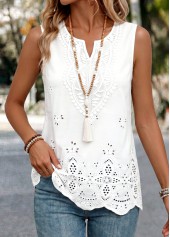 White Lace Trim Sleeveless Split Neck Tank Top | thumb picture 