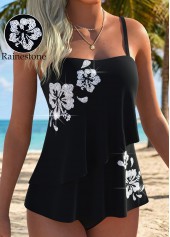 Black Mid Waisted Layered Floral Print Tankini Set