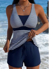 Navy Mid Waisted Tummy Coverage Striped Tankini Set