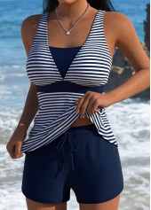 Navy Mid Waisted Tummy Coverage Striped Tankini Set | thumb picture 