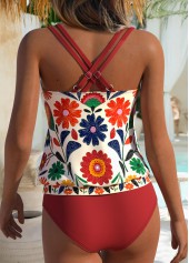Red Mid Waisted Ruffle Floral Print Tankini Set | thumb picture 