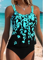 Cyan Mid Waisted Ruffle Leaf Print Tankini Top-No Bottom | thumb picture 