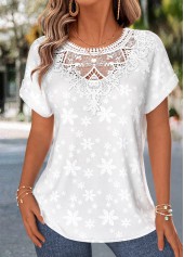 White Lace Trim Short Sleeve Round Neck Blouse