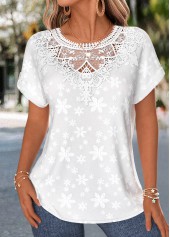 White Lace Trim Short Sleeve Round Neck Blouse | thumb picture 