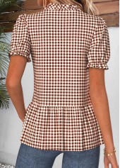 Dark Coffee Gingham Print Ruffle Short Sleeve Blouse | thumb picture 