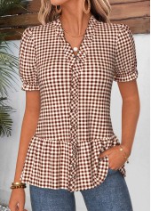 Dark Coffee Gingham Print Ruffle Short Sleeve Blouse | thumb picture 