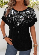 Black Geometric Print Curved Hem Short Sleeve T Shirt