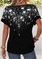 Black Geometric Print Curved Hem Short Sleeve T Shirt | thumb picture 