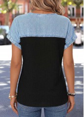 Black Patchwork Short Sleeve Split Neck Blouse | thumb picture 