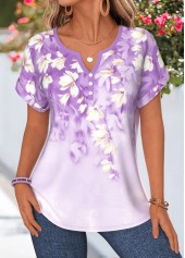 Light Purple Floral Print Tummy Coverage Short Sleeve Blouse | thumb picture 