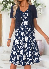 Navy Floral Print Tummy Coverage Short Sleeve Dress