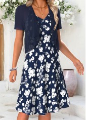 Navy Floral Print Tummy Coverage Short Sleeve Dress | thumb picture 