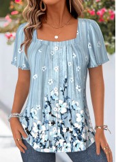 Light Grey Floral Print Tummy Coverage Short Sleeve Blouse