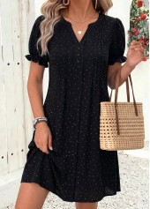 Black Polka Dot Short Tummy Coverage Split Neck Dress