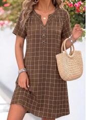 Dark Coffee Plaid Short Tummy Coverage Split Neck Dress
