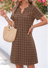 Dark Coffee Plaid Short Tummy Coverage Split Neck Dress | thumb picture 