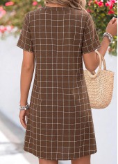 Dark Coffee Plaid Short Tummy Coverage Split Neck Dress | thumb picture 