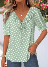 Light Green Polka Dot Ruffle Short Sleeve Blouse
