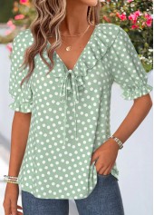 Light Green Polka Dot Ruffle Short Sleeve Blouse | thumb picture 