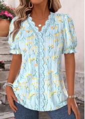 Light Blue Floral Print Patchwork Short Sleeve Blouse