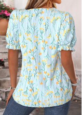 Light Blue Floral Print Patchwork Short Sleeve Blouse | thumb picture 
