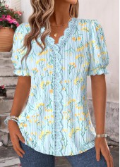 Light Blue Floral Print Patchwork Short Sleeve Blouse | thumb picture 