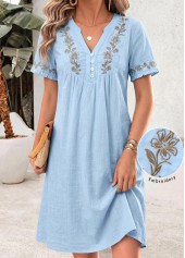 Light Blue Floral Print Short Shirred V Neck Dress
