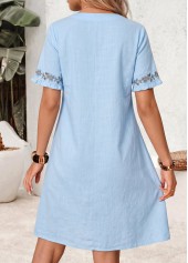 Light Blue Floral Print Short Shirred V Neck Dress | thumb picture 