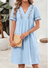 Light Blue Floral Print Short Shirred V Neck Dress | thumb picture 