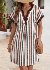 Multi Color Striped Short Tummy Coverage Split Neck Dress