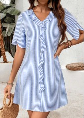 Light Blue Striped Short Frill V Neck Dress | thumb picture 