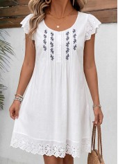 White Floral Print Short Patchwork Round Neck Dress
