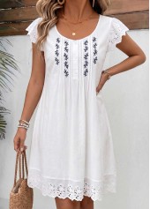 White Floral Print Short Patchwork Round Neck Dress | thumb picture 