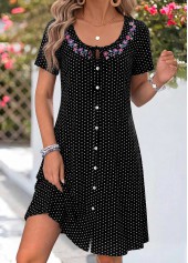 Black Polka Dot Short Tummy Coverage Round Neck Dress