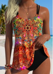Orange Mid Waisted Tummy Coverage Tribal Print Tankini Set