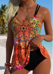 Orange Mid Waisted Tummy Coverage Tribal Print Tankini Set | thumb picture 