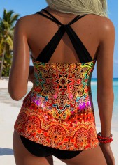 Orange Mid Waisted Tummy Coverage Tribal Print Tankini Set | thumb picture 