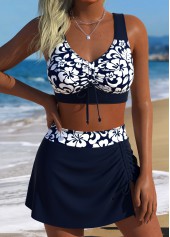 Navy Mid Waisted Tropical Plants Print Bikini Set