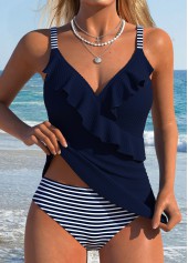 Navy Mid Waisted Ruffle Striped Tankini Set