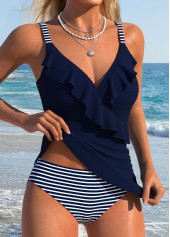 Navy Mid Waisted Ruffle Striped Tankini Set | thumb picture 