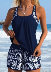 Navy Mid Waisted Pocket Random Floral Print Tankini Set | thumb picture 