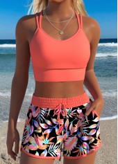 Coral Mid Waisted Layered Tropical Plants Print Bikini Set