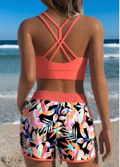 Coral Mid Waisted Layered Tropical Plants Print Bikini Set | thumb picture 