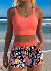 Coral Mid Waisted Layered Tropical Plants Print Bikini Set | thumb picture 
