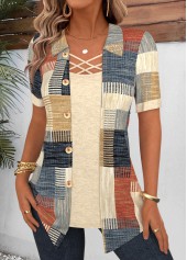 Multi Color Geometric Print Fake Two Piece Twinset