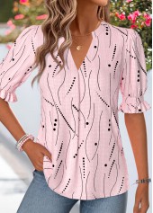 Light Pink Geometric Print Shirred Half Sleeve Blouse | thumb picture 